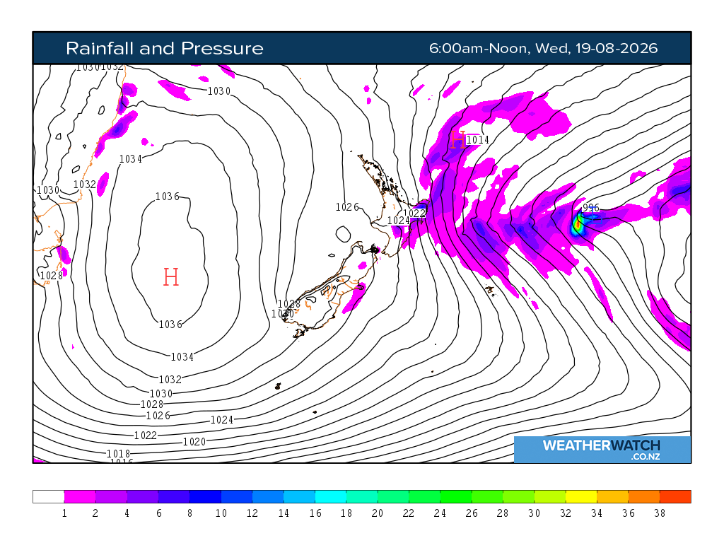 Rainfall and pressure for 6:01am on Wed 19 August 2026