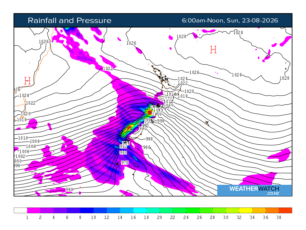 Rainfall and pressure for 6:01am on Sun 23 August 2026