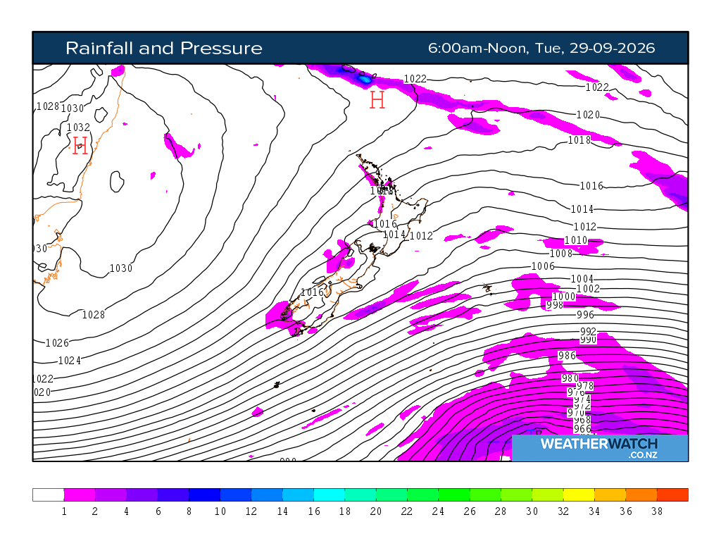 Rainfall and pressure for 7:01am on Tue 29 September 2026