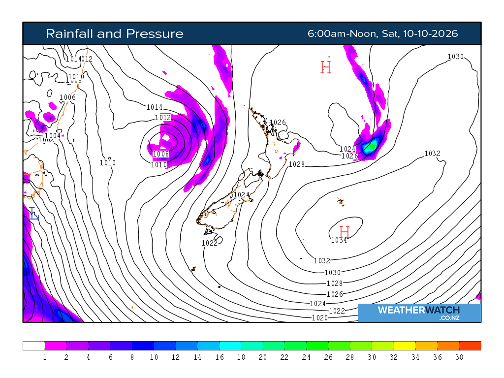 Rainfall and pressure for 7:01am on Sat 10 October 2026