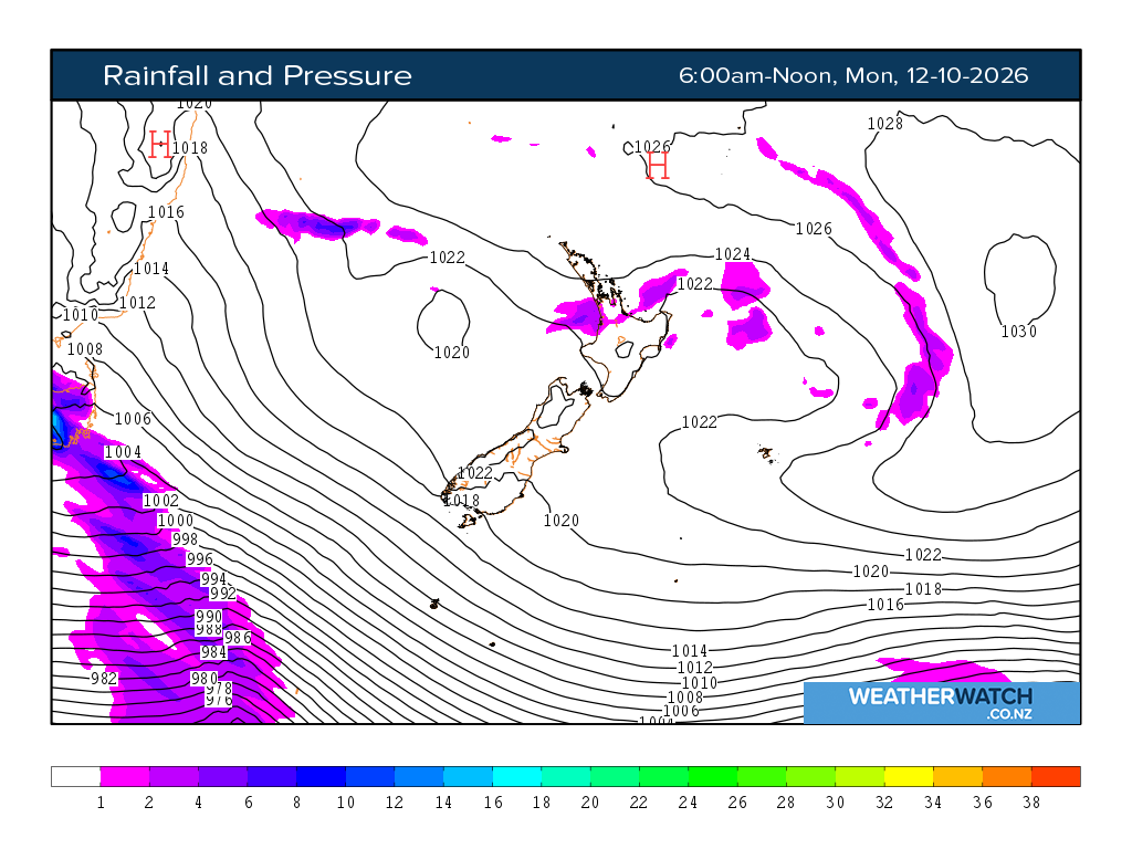 Rainfall and pressure for 7:01am on Mon 12 October 2026