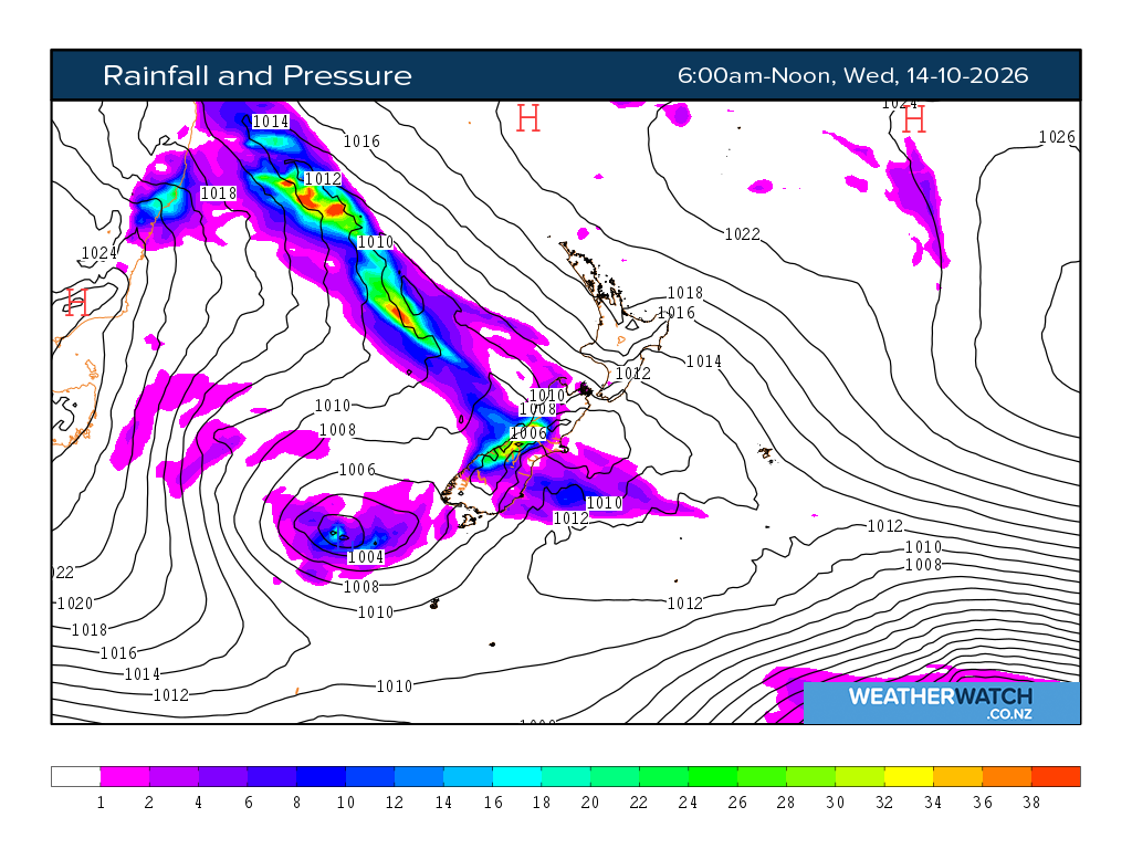 Rainfall and pressure for 7:01am on Wed 14 October 2026