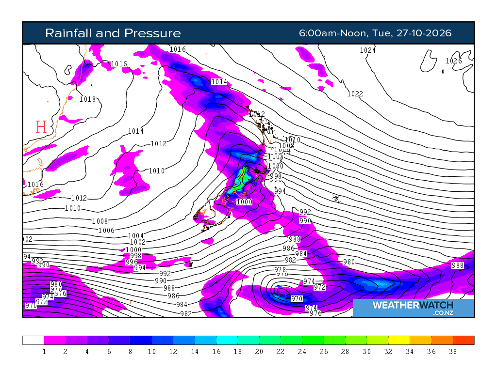 Rainfall and pressure for 7:01am on Tue 27 October 2026