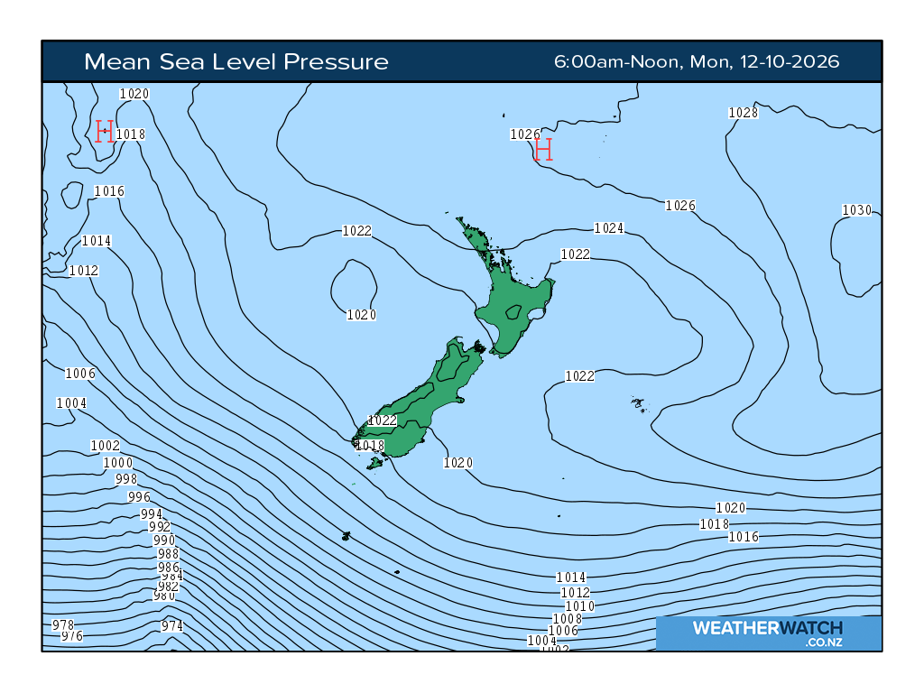 Mean sea level pressure for 7:01am on Mon 12 October 2026